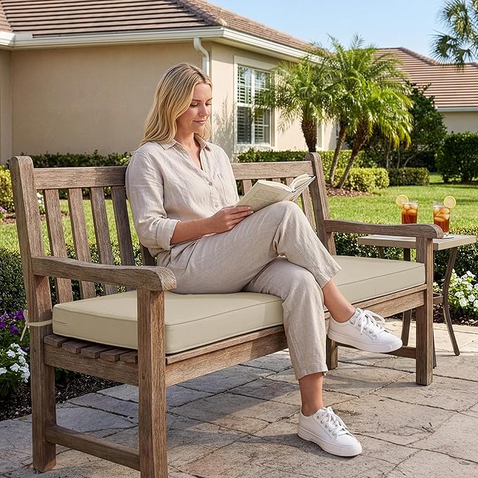 Summsun Outdoor Bench Cushion: Waterproof and Fade Resistant Patio Furniture Cushions - Non-Slip Bench Pad Cushion with Removable Cover for Garden Swing Porch Sofa Settee, 45 x 18 Inch, Beige