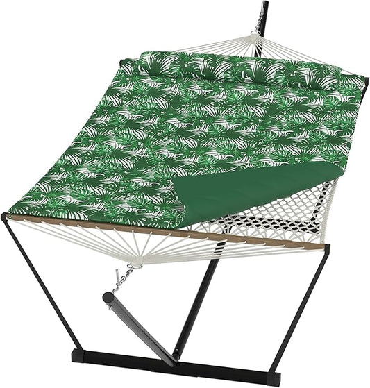 Heavy Duty 2 Person Double Hammock with Portable Adjustable Steel Stand, Outdoor Hammock with Pillow for Patio, Garden, Beach, Backyard Camping