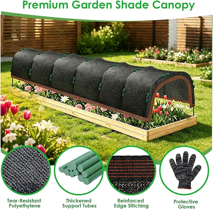 Upgraded 118"x79" Garden Shade Canopy Kit, 70% Garden Shade Cloth for Plants Heat Protection with 7 Sets Garden Hoops for Raised Beds, Plant Sun Shade Cover for Outdoor Plants Vegetables