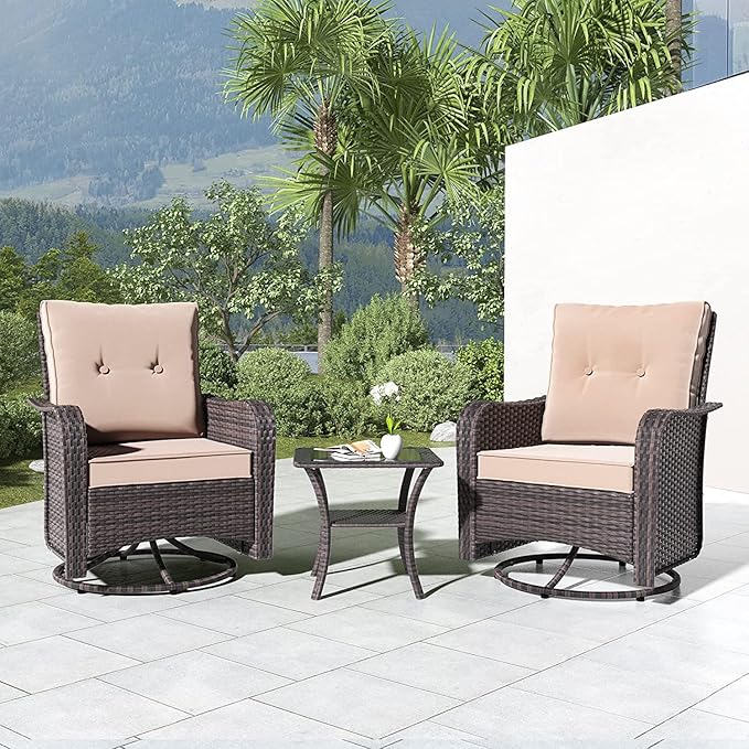 Kullavik 3 Pieces Patio Furniture Set,Outdoor Swivel Glider Rocking Chairs Set,Front Porch Furniture Patio Conversation Sets with Side Table for Balcony Deck Backyard,Sand