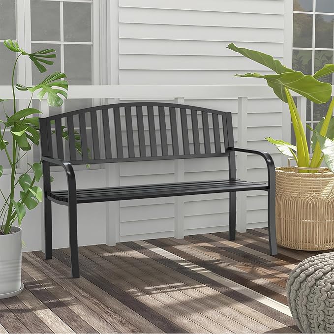 50" Heavy Duty Outdoor Bench, Metal Weatherproof Garden Bench Cast Iron Heavy-Duty Patio Bench with Decorative Backrest for Proch Park 880lb Capacity