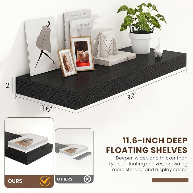 FLYJOE 32 Inch Floating Shelves, 12'' Deep Black Shelves for Wall Set of 2