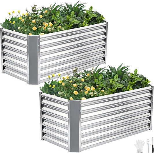 4x2x2ft (2 Pack) Raised Garden Bed - Galvanized Deep Root Planter Boxes Outdoor with Wing Nuts and Safety Edges for Gardening Vegetables, Flowers, Herbs, Succulents - Silver