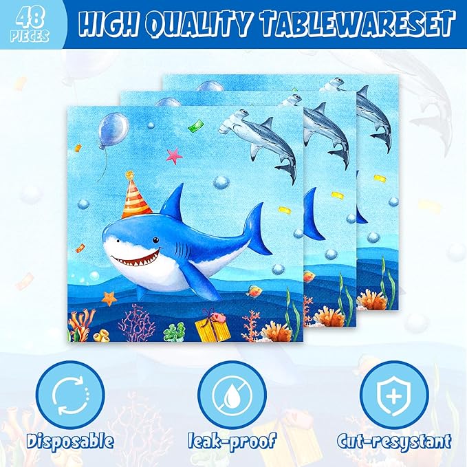 48Pcs Shark Birthday Decorations Plates Napkins and Forks,Shark Birthday Party Under The Sea Party Decorations Baby Shower Set for 16 Guests