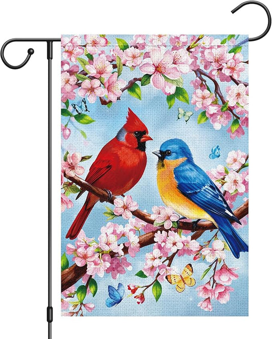 Heyfibro Spring Summer Cardinal Garden Flag 12x18 Double Sided Burlap, Bluebird & Cherry Blossom Flower Yard Banner for Rustic Seasonal Outdoor Decoration (ONLY FLAG)