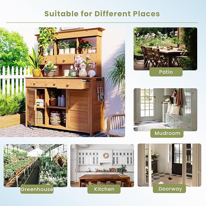 RUNNA 65.7'' H Tall Garden Potting Bench Table with Hutch,Patio Storage Workstation with 3 Shelves,6 Drawers,2 Bottom Cabinets&Side Hooks for Mudroom,Doorway (Natural@024, 65.7)
