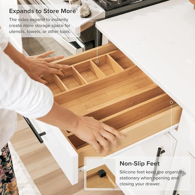 KitchenEdge Utensil & Junk Drawer Organizer, 10.5-19 in, Bamboo