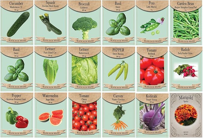 Classic Garden Pack - 15 Varieties of Non-GMO Heirloom Premium Seeds for Planting - Tomatoes, Peppers, Lettuce, Radish, Cucumber, Carrot, Watermelon, and More