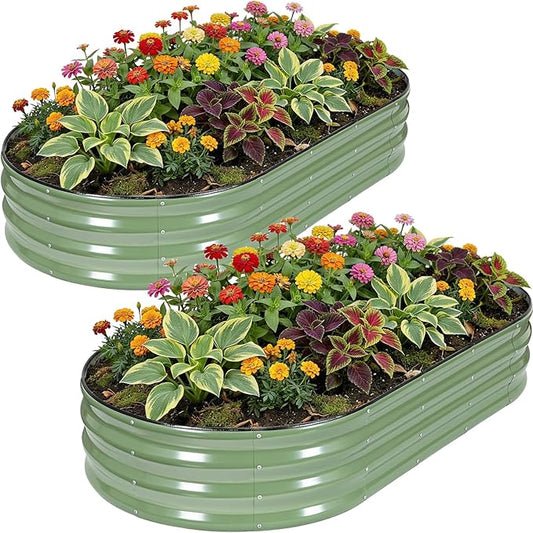 Galvanized Raised Garden Beds Outdoor, 6x3x1ft Oval Metal Raised Beds for Gardening, Rust-Resistant Garden Planter Box for Planting Vegetables, Flowers, Fruits in Lawn(Olive Green, 2 Packs)