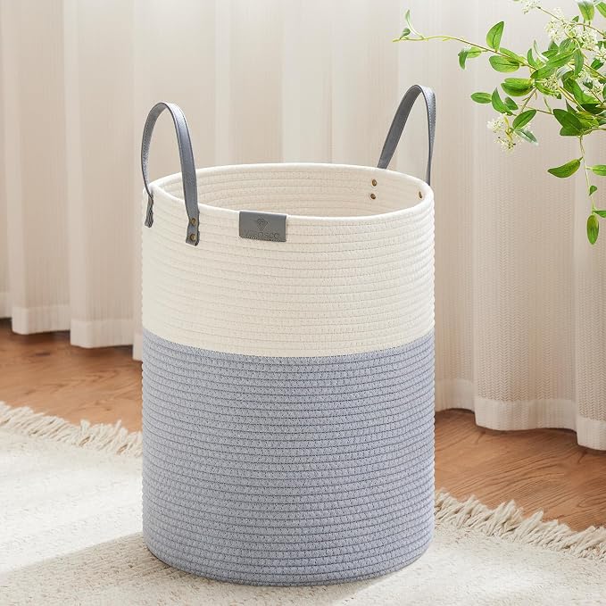 VIPOSCO 53L Tall Woven Rope Laundry Hamper, Leather Handles, Grey & White | Large Wicker Laundry Basket for Dirty Clothes, Blanket, Toy, Towel, Yoga Mat, Storage Bin in Bedroom, Bathroom, Living Room