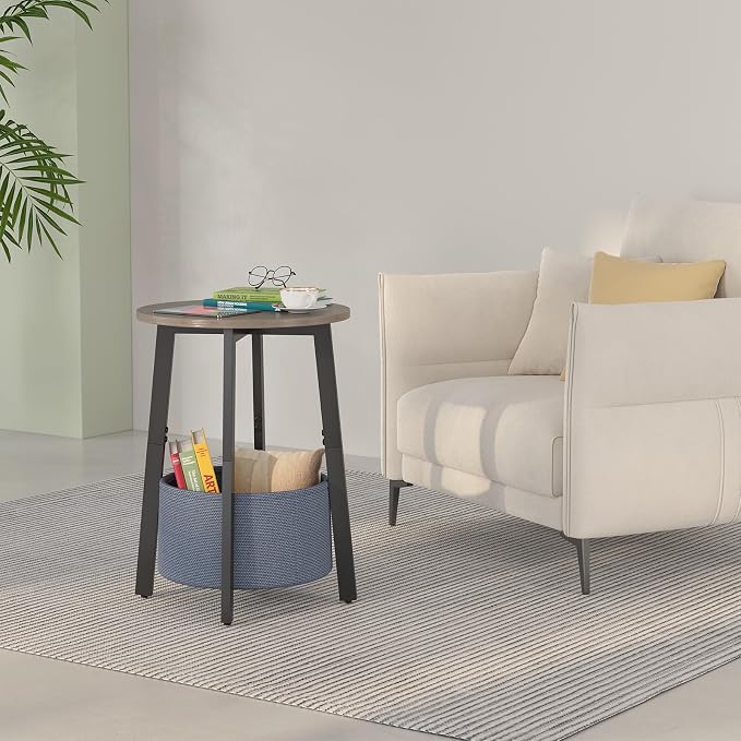 sthmec Small Round Side End Table Set of 2 with Cloth Storage Basket, Round Bedside Sofa Couch Coffee Tables for Small Places with Metal Frame, Modern Nighstands for Living Room Bedroom,Grey