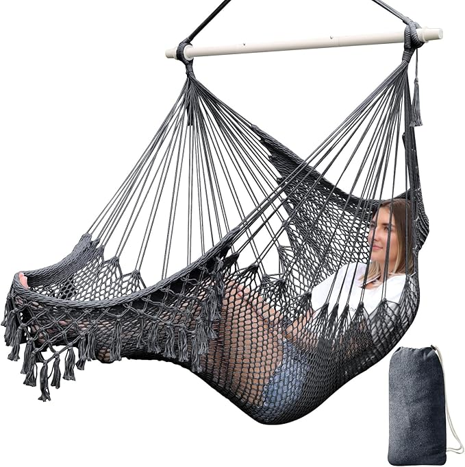 Chihee Hammock Chair Handmade Hanging Chair Cotton Rope Woven Hanging Seat Soft-Spun Large Stretch Hammock Swing, Collapsible Strong Metal Spreader Bar Elegant Macrame Comfort Indoor Outdoor Garden