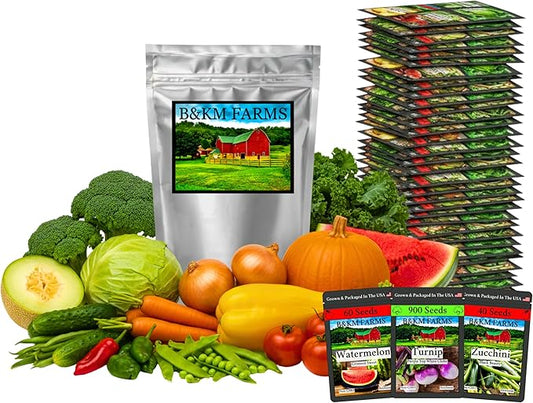 B&KM Farms Vegetable & Herb Seed Collection - 40 Varieties, 80 Packets, 90,000+ Heirloom Non-GMO Seeds, Resealable Storage Packaging (80 Pack: The Ultimate Survival Vault)