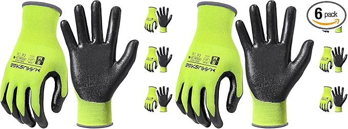 MANUSAGE Safety Work Gloves for Men and Women - Nitrile With Touchscreen Fingers and Grip - Mechanics Gloves (Size-XXL, Yellow, 3 Pairs)