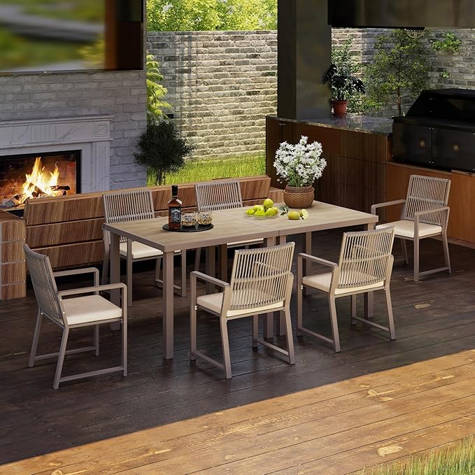 Outdoor Patio Wicker Rattan Dining Chairs, Heavy-Duty Wrought Iron Frame Supports 300lbs, Ergonomic Backrest, Detachable Breathable Cushion, for Garden & Porch, Light Brown, Set of 8