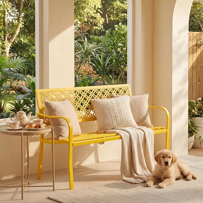 50" Outdoor Bench Weatherproof, 700 lbs Capacity Heavy Duty Garden Benches with Galvanized Metal Frame, Patio Bench with Floral Backrest, Patio Furniture for Porch, Park, Yard, Entryway, Yellow