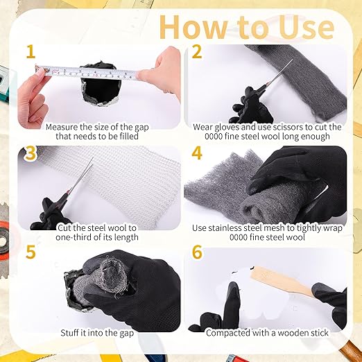 Steel Wool for Mice Control Mesh Rodent Control Kit 1 Pack Rustproof Mesh Roll and 0000 Steel Wool Mouse Hole Filler with Gloves, Scissors for House Garden Home Garage(5in X 9.8ft)