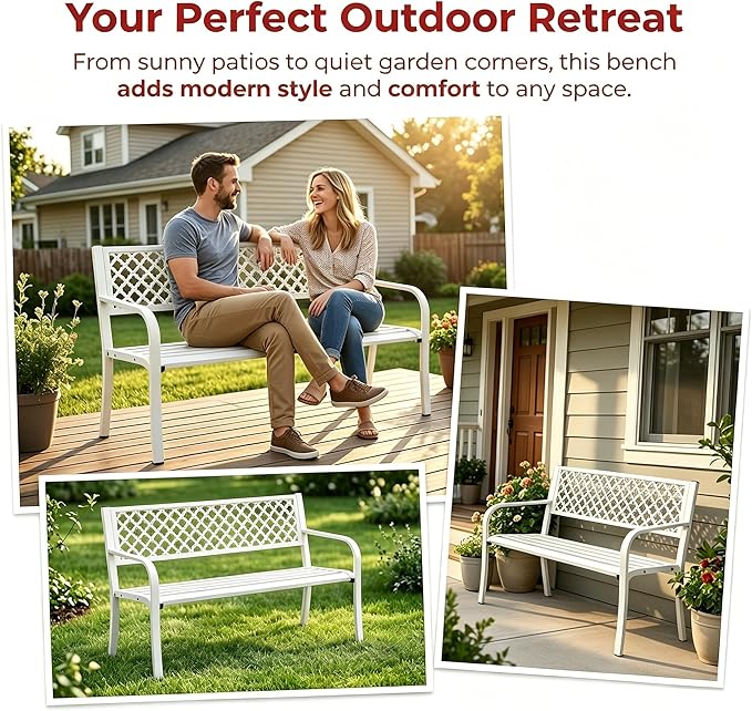 Garvee Outdoor Metal Garden Bench for 2 Person, Heavy Duty Steel Patio Bench 790 Lbs Capacity, Weather Resistant Black Porch Seating with Geometric Backrest, Outdoor Furniture for Yard, Deck, Entryway