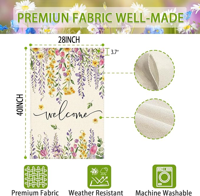 Spring Summer Wisteria Wildflowers Welcome House Flag 28 x 40 Inch Double Sided, Daffodils Floral Large Yard Garden Flags Holiday Farmhouse Flags for Patio Outdoor Outside Decoration