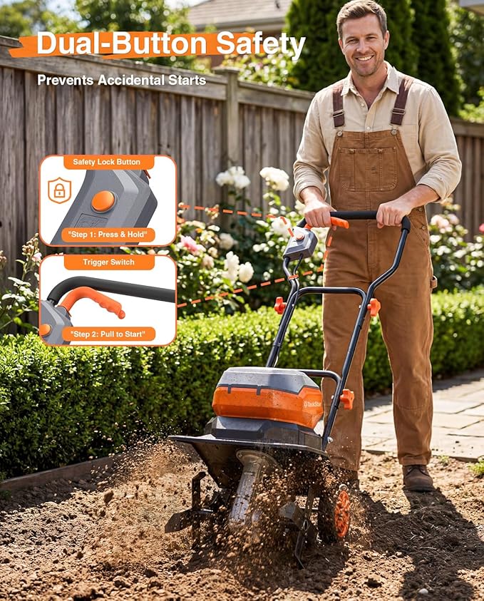 12 Inch Electric Tiller Cultivator, 40V Cordless Tiller for Gardening with 2 * 5.0 Ah Batteries, 8 Inch Depth Rototillers Battery Powered with Adjustable Wheels for Lawn Yard Weeding Soil Cultivation