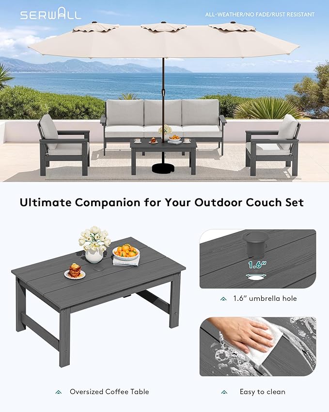 SERWALL HDPE Patio Coffee Table, Rectangle Outdoor Coffee Table, All-Weather Coffee Side Table for Balcony, Poolside, Deck, Garden, Gray