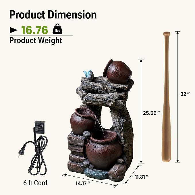 26-Inch Outdoor Water Fountain, 5-Tier Cascading Jars & Wood Design Resin Garden Fountain with Bird Accent & 4 LED Lights, Home Decor for Farmhouse, Patio, Backyard, Deck, Lawn in Brown