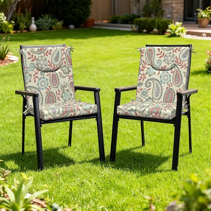 DYTXIII Outdoor High Back Chair Cushions Set of 2, 44x20 in Water Repellent Patio Seat Cushions with Elastic Sponge, All Weather Cushions for Rocking, Dining Chairs, Patio Furniture - Paisley Vintage