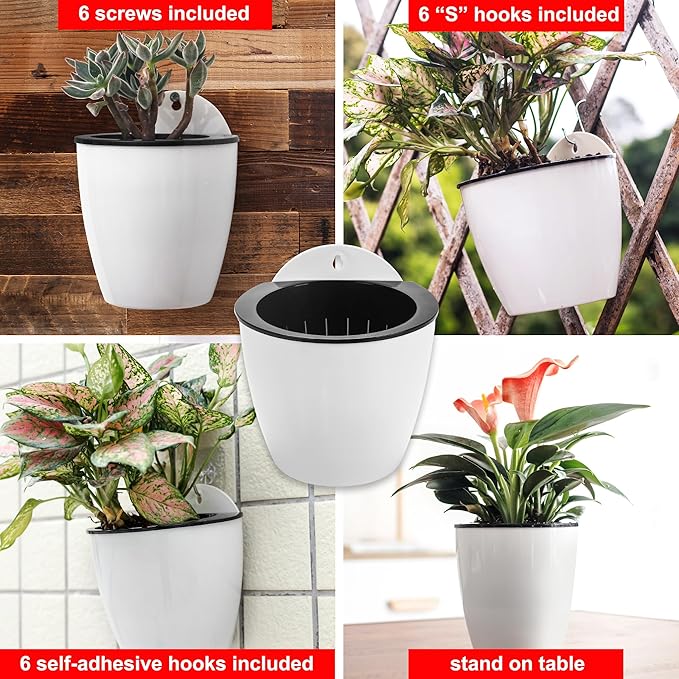 ORIMERC 6 Pack Hanging Planter Wall Planter Self Watering 5 inch Plant Pot with Hardware Vertical Planter Outdoor Indoor Plants Herb Garden Home Décor Kitchen Balcony Railing Shelf Fence (Medium)