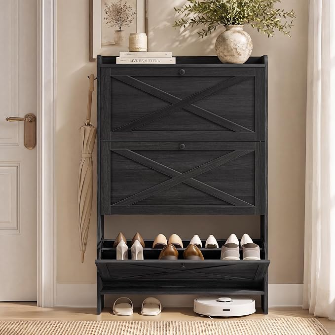 VASAGLE Narrow Shoe Storage Cabinet Organizer with 3 Flip Drawers