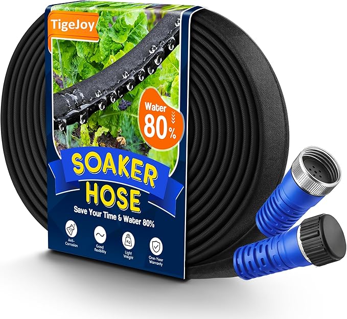 TigeJoy 25FT Flat Soaker Hose, Heavy Duty Double Layer Garden Watering Hose, Flexible Leakproof Drip Irrigation Hose for Raised Beds, Lawns & Vegetables, Save 80% Water