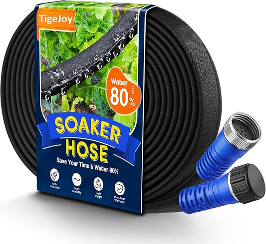 TigeJoy 75FT Flat Soaker Hose, Heavy Duty Double Layer Garden Watering Hose, Flexible Leakproof Drip Irrigation Hose for Raised Beds, Lawns & Vegetables, Save 80% Water