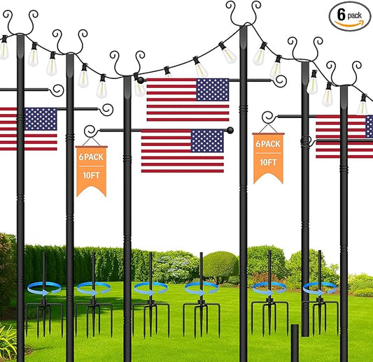 Outdoor String Light Poles 6 Pack - 10 Ft Lighting Posts with Fork,Rustproof Patio Heavy Metal Stand, Adjustable for Backyard Deck Garden Wedding