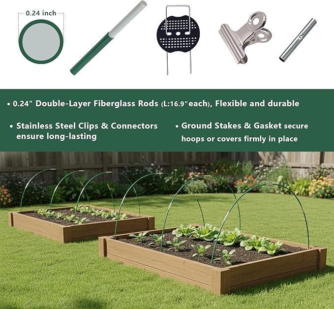 Garden Hoops Kit for Raised Beds, 40pcs Fiberglass Greenhouse Hoops, Row Cover Hoops for Insect Netting, Frost Cover, Shade Cloth, DIY Grow Tunnel kit with Ground Stakes and Clips