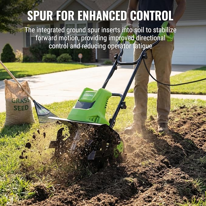 WORKPRO 12.5 Amp Electric Garden Tiller & Cultivator, 16" Tilling Width & 8.7" Depth, 6 Steel Tines, 4-Position Adjustable Wheels, Safety Switch, Corded Rototiller for Garden, Lawn & Flower Beds