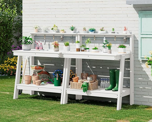 SERWALL Potting Bench Outdoor with Storage Set of 2, 3-Tier HDPE Gardening Table with Angled Legs & Tool Hooks, All-Weather Heavy Duty Potting Table for Patio, Backyard, Garden, White