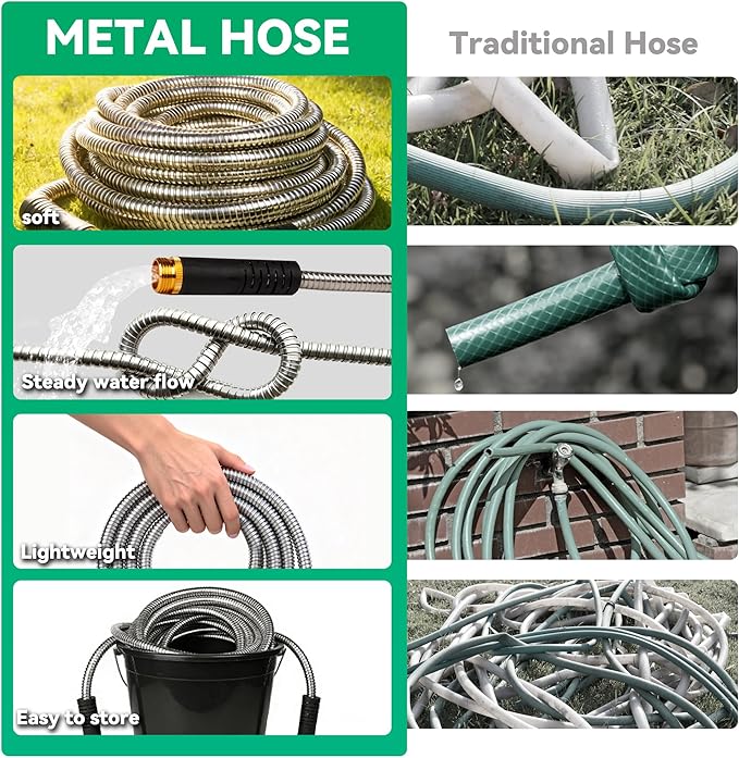 HERZO 50FT Metal Garden Hose, Ultra Flexible Stainless Steel Water Hose, Non-Kinking, Leak-Resistant Design with Solid Brass Connectors