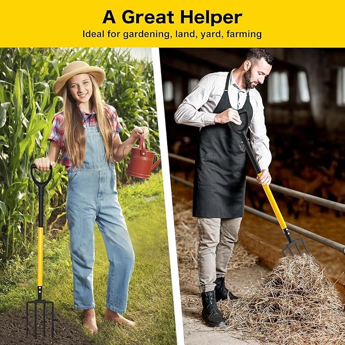 Pitch Fork, 4 Tine Heavy Duty Garden Fork with Ergonomic No-Slip D-Grip Handles, 45 Inches Long Handle Spading Fork, Perfect for Gardening Digging, Land Management, Yard work, Farming (Yellow)