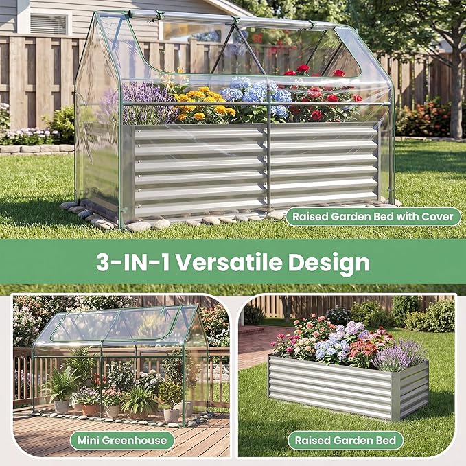 HAPPYGRILL Raised Garden Bed with Cover, Galvanized Planter Boxes Outdoor w/Mini Greenhouse, 2 Roll-up Windows & Open-Ended Base, Metal Growing Raised Bed for Vegetables (Silver, 71” x 36” x 48”)