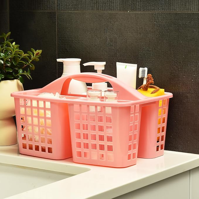 ALINK Plastic Shower Caddy Basket with Compartments, Portable Divided Cleaning Supply Storage Organizer with Handle for College Dorm Bathroom - Pink