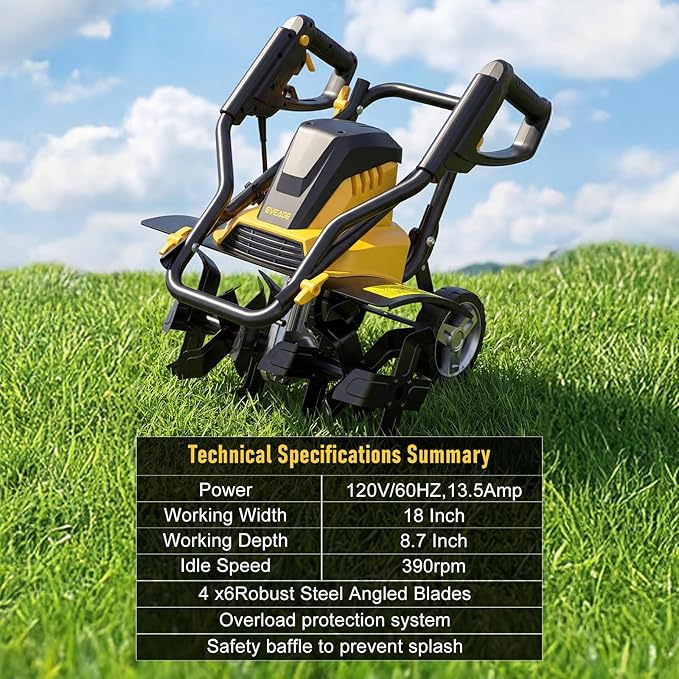 Electric Tiller for Gardening, 18-Inch 13.5-Amp Rototiller & Cultivator with 6x4 Steel Tines, 8.7" Adjustable Tilling Depth, Foldable Electric Garden Tiller with Wheels for Lawn/Yard