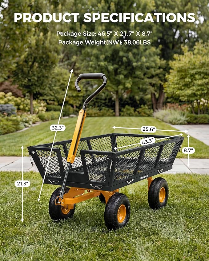 900 Lbs Heavy Duty Steel Garden Cart, Outdoor Metal Garden Wagon On Wheels, Utility Yard Cart with Mesh Removable Sides(Convert to Flatbed) and Removable Handle (to Wheel Barrow), Dark