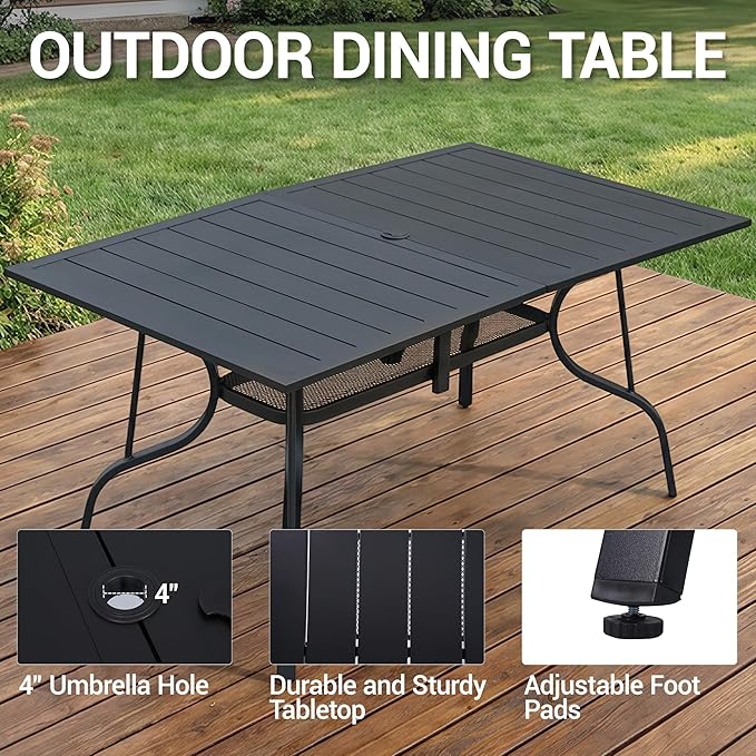 63"x38" Outdoor Dining Table for 6 Person, Metal Rectangle Patio Dining Table with Adjustable Umbrella Hole for Garden, Partitioned Storage Shelf, Backyard and Porch, Black