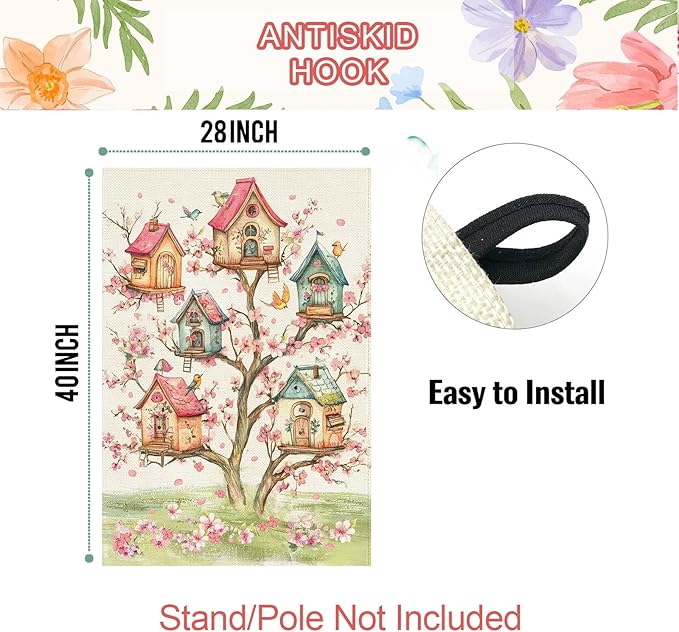 Baccessor Spring Birds House Flag Double Sided 28x40 Inch Burlap,Pink Floral Flower Tree Large Garden Flag Porch Patio Front Entry Yard Seasonal Farmhouse Outside Outdoor Decor