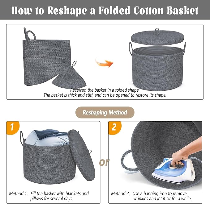 21" x 18" Extra Large storage baskets,Decorative blanket basket with lid for Living room,rope baskets with lid,wicker hamper for bedroom,Big,Round,Dark Grey