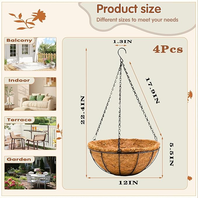 12 inch Metal Hanging Baskets For Plants Outdoor 4 Pack Round Metal Wire Hanging Basket Planter with Coco Fiber Liners Chain Round Wire Plant Holder for Garden, Patio, Deck, Porch Plants Flower Potss
