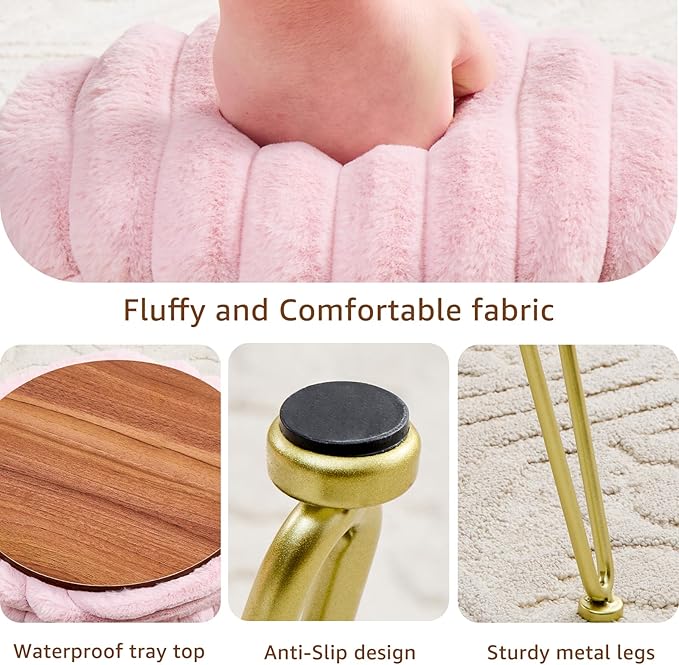 Wimarsbon Vanity Stool with Storage, Faux Fur Ottoman Chair with Metal Legs, Round Makeup Vanity Chair for Bedroom or Dressing Table, Modern Small Ottoman Seat (Pink)