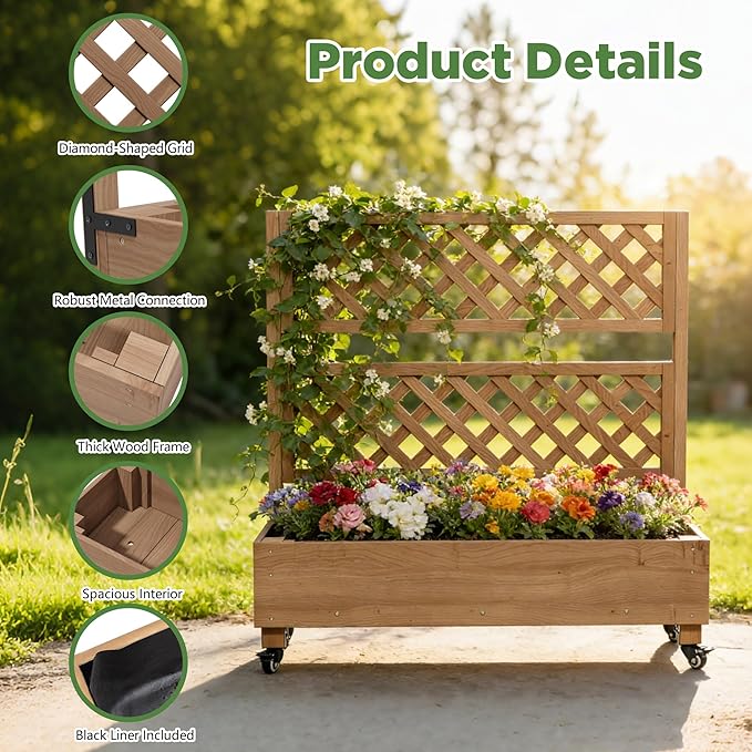 Raised Garden Bed with Wheels Outdoor, Large Garden Planter Box Tomato Flower Pots Cages with Standing Diamond Lattice Trellis for Vegetables Vines Herbs Fruits & Climbing Plants (Rhombic Grid))