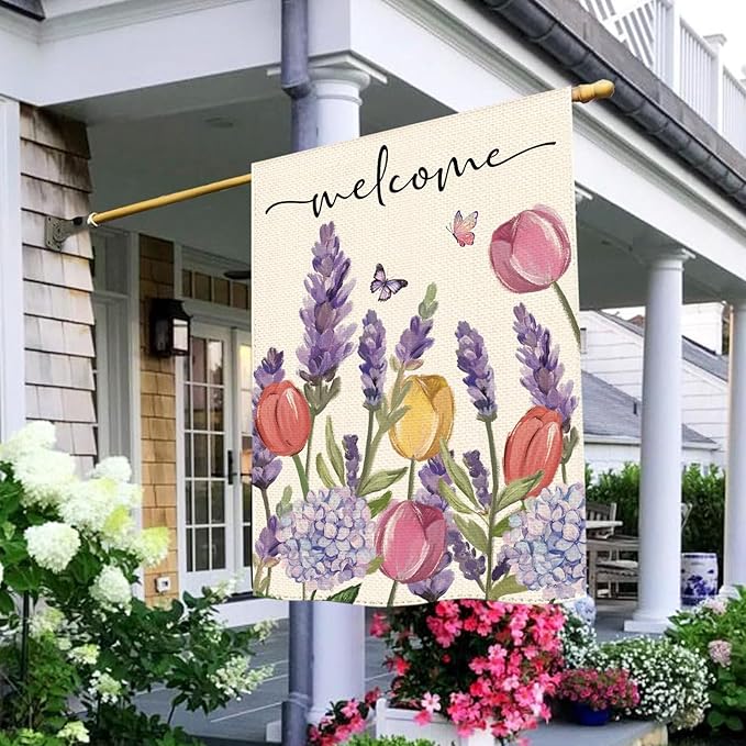 Spring Summer Tulips Hydrangeas Welcome House Flag 28 x 40 Inch Double Sided, Lavender Floral Burlap Large Yard Garden Flags Holiday Farmhouse Flags for Patio Outdoor Outside Decoration