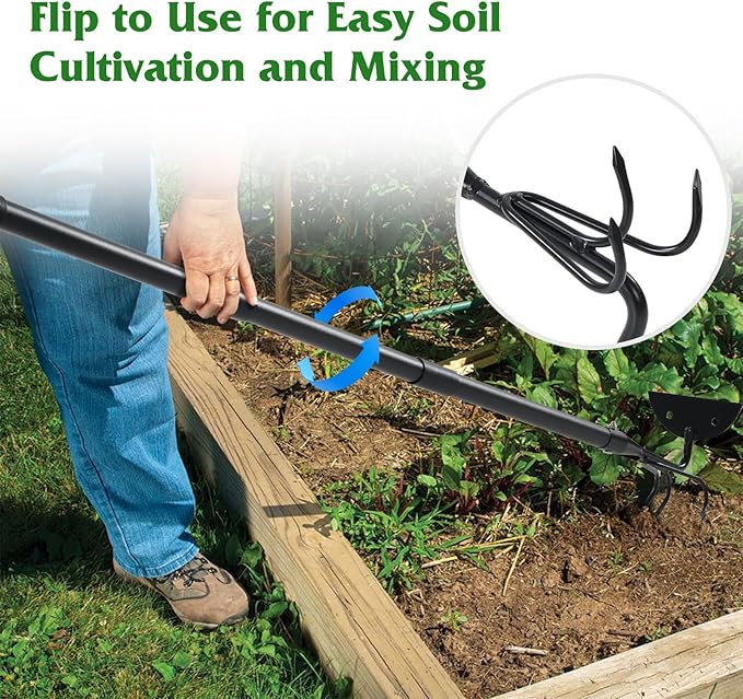 COCONUT 2-in-1 Garden Hoe, 60" Weeding & Cultivating Tool with Curved Tines & Sharp Blade, Stand-Up Design Saves Your Back, for Loosening Soil in Vegetable Garden & Flower Beds