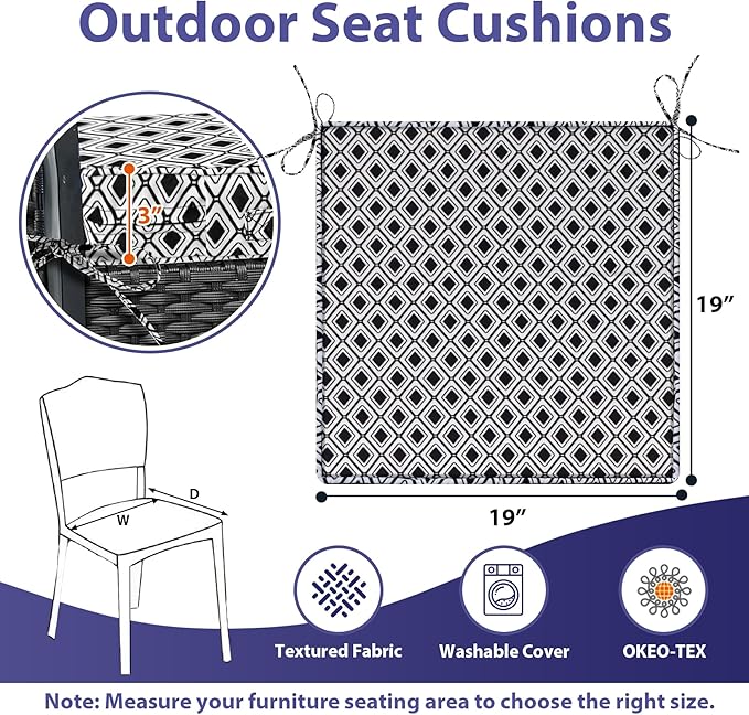 IPYNBAP Outdoor Chair Cushions Set of 4,Waterproof Outdoor Seat Cushions for Patio Furniture,Patio Chair Cushion with Handle and Ties, Out Door Chair Pads,19" x 19" x 3", Black Geometry